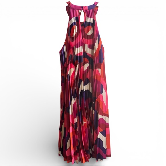 NY & Co Halter Neck Pleated Flowy Dress Knee High Length Pink Red Purple M - Picture 9 of 9